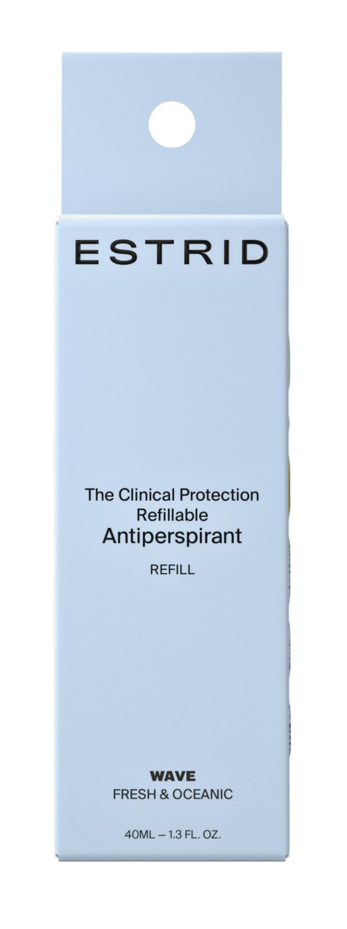 En boks med ordet 'ESTRID' og detaljer om en vaginal antiperspirant refill på en lyseblå baggrund.