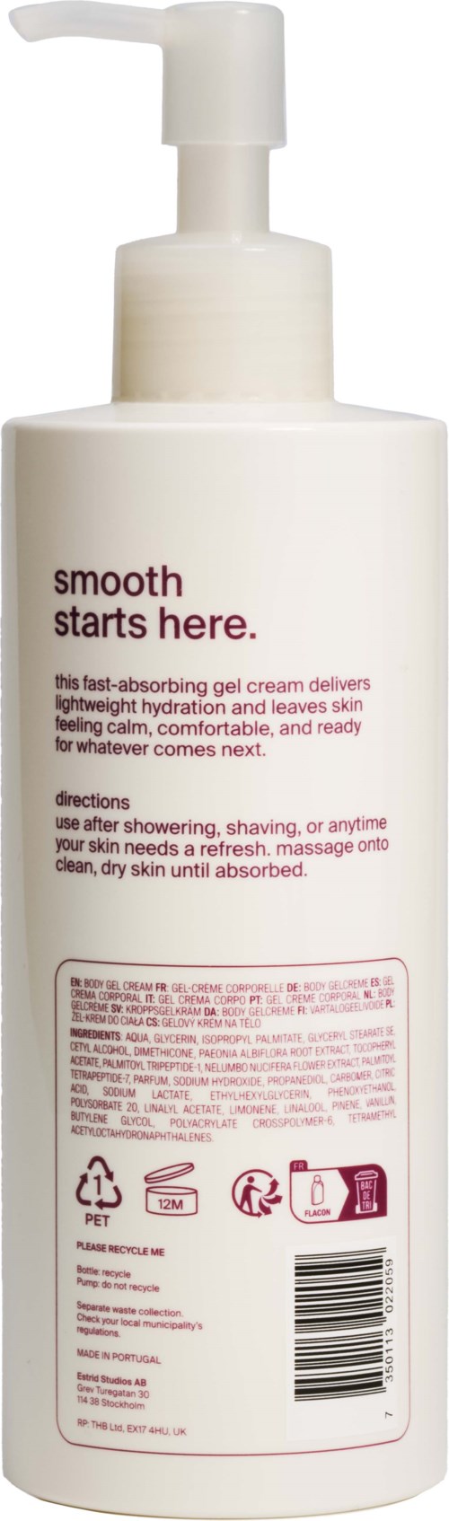 A white bottle with a pump top, labeled for skin moisturizing and soothing after-shower use.