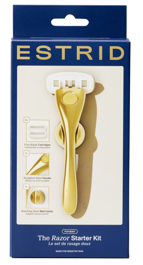 En guldig rakhyvel med en böjd handtag, i blå förpackning märkt 'The Razor Starter Kit.'