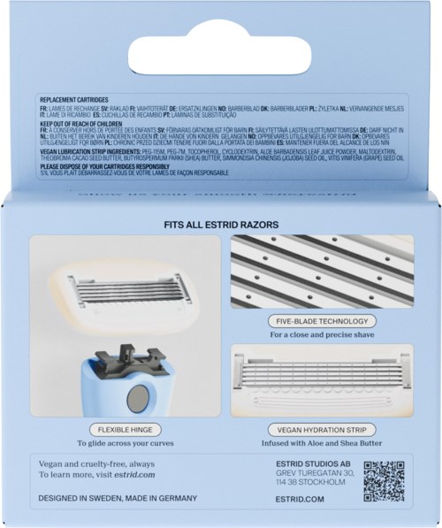En förpackning med rakhyvlar till Estrid, med bilder av blad, ett flexibelt gångjärn och en återfuktare.