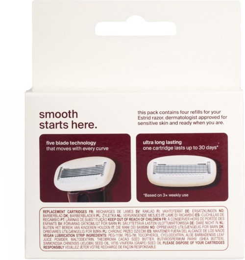 Box for Estred razor refills with four blades, long-lasting, and technology details on packaging.
