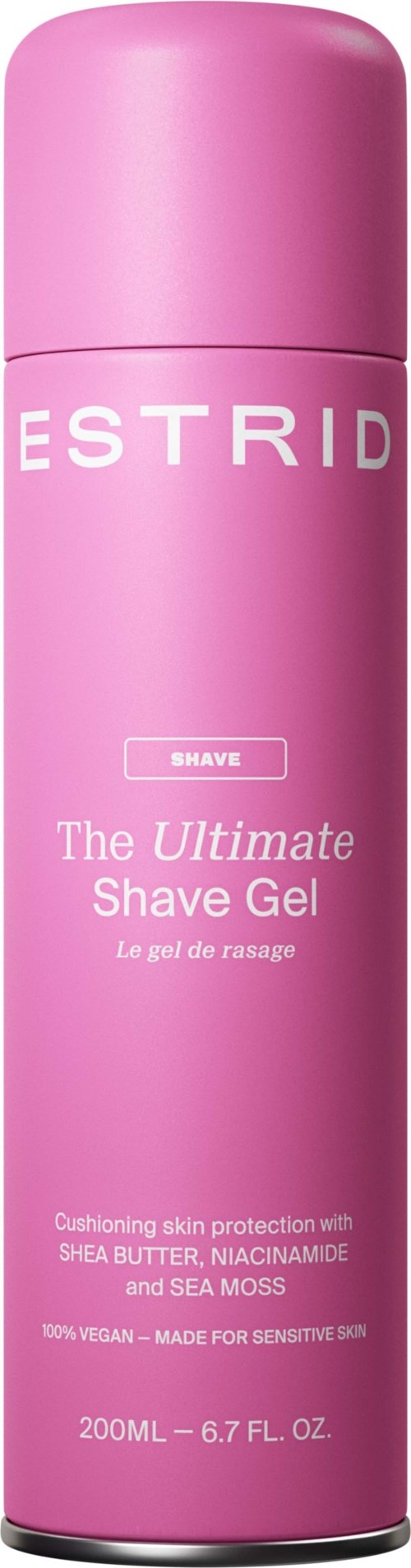 Lyserødt flask med 'The Ultimate Shave Gel' tekst, indeholder ingredienser og størrelse.