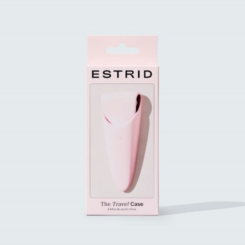En rosa beskyttelseshylse i en eske merket "ESTRID" og "The Travel Case."