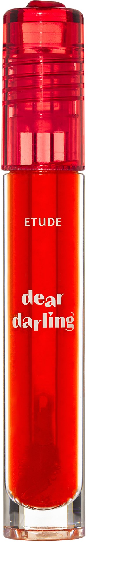 En rød leppestiftkrem i ett gjennomsiktig rør med etiketten Etude og dear darling på.
