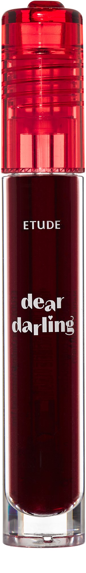 En rød leppestift eller leppepomade med ordene Etude Dear Darling på en svart bakgrunn.