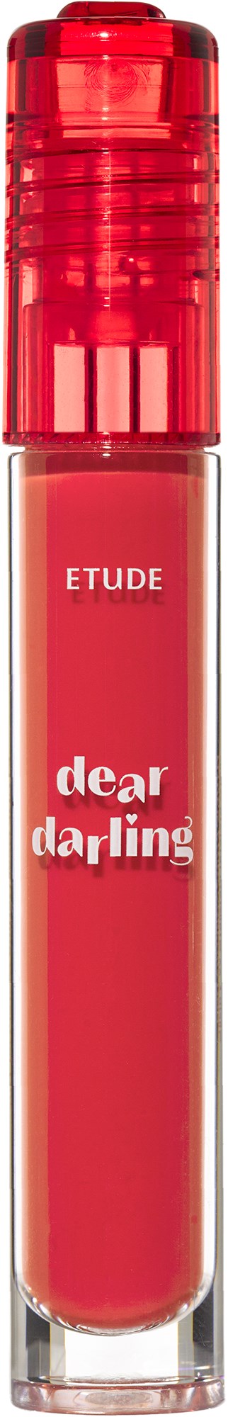 En rød leppestiftbeholder med gjennomsiktig topp, merket Etude Dear Darling. Den har en rød hette og glans inni.