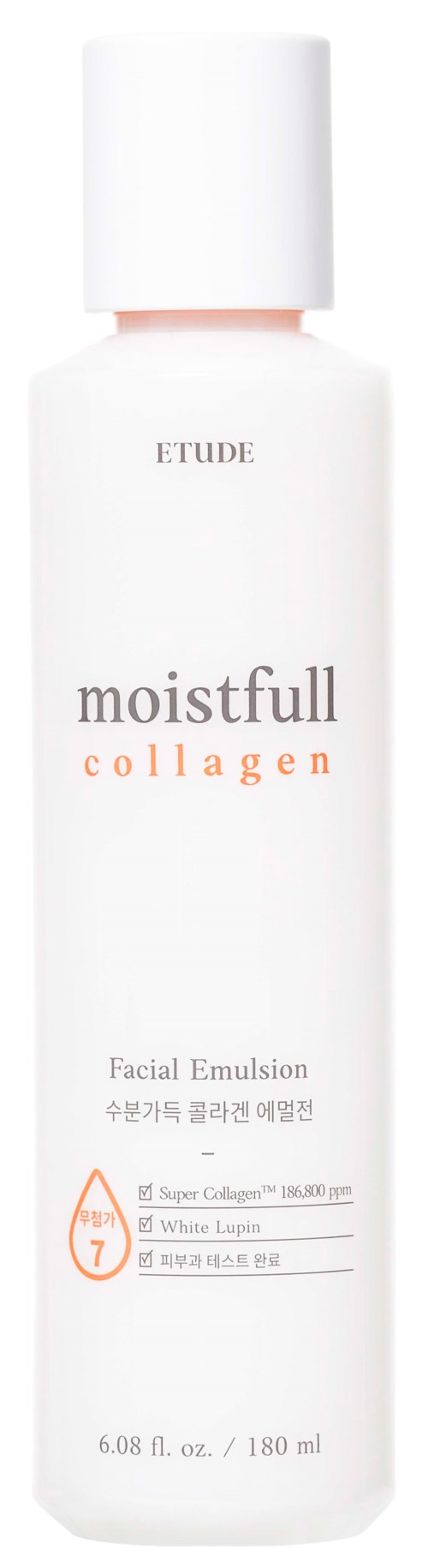 En hvit flaske med Etude Moistfull Collagen ansiktsemulsjon med tekst og logoer på.