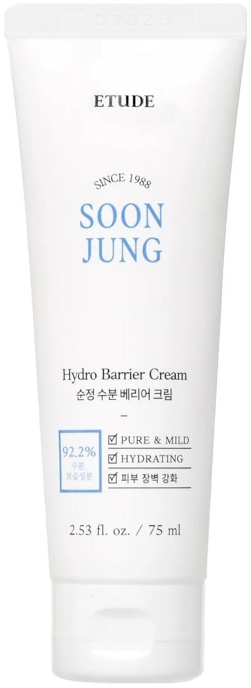 A white tube labeled 'ETUDE', containing 'SOON JUNG Hydro Barrier Cream', states it is moisturizing and gentle.
