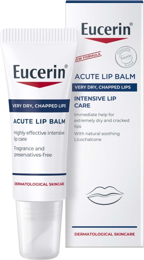En vit tub med Eucerin läppbalsam med blå och röd etikett, och en matchande förpackning bakom.