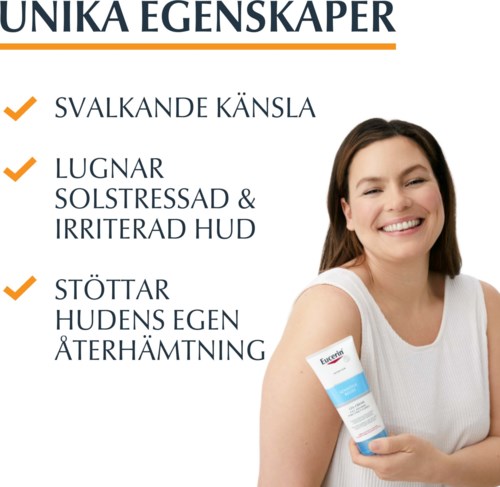 Hymyilevä nainen valkoisessa pitää ihonhoitotuubia, taustalla ruotsinkielinen teksti ihon eduista.