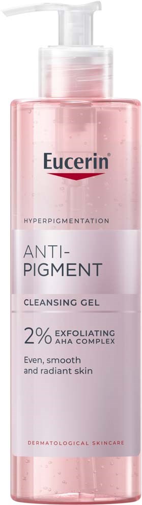 Vaaleanpunainen puhdistusgeeli pumppupullossa, Eucerin Anti-Pigment, tasaiselle ja hehkuvalle iholle.