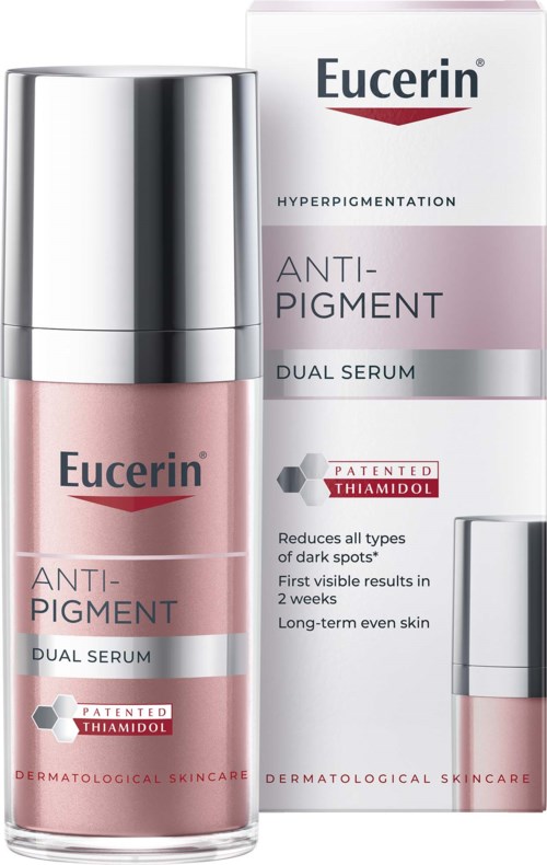 Eine Flasche Eucerin Anti-Pigment Dual Serum mit Verpackung, zeigt Vorteile bei dunklen Flecken und langfristiger Hautverbesserung.
