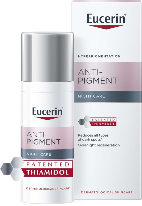 En hudvårdsflaska och box för Eucerin Anti-Pigment Night Care med Thiamidol, riktad mot mörka fläckar och hudförnyelse.