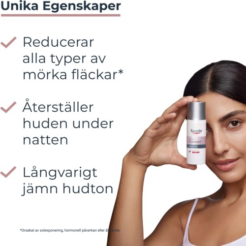 En kvinna håller en kosmetikflaska nära ansiktet, med text som betonar hudfördelar som att minska mörka fläckar och jämna ut hudtonen.