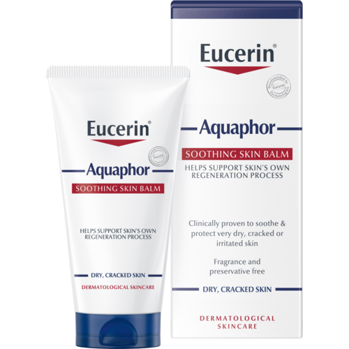 Eucerin Aquaphor beruhigende Hautcreme bei trockener, rissiger Haut, unterstützt die Heilung und schützt vor Reizung.