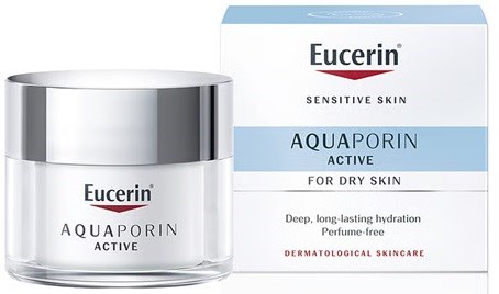 Eucerin Aquaporin Active-kräm för torr hud med förpackning. Ger djup och långvarig fukt, utan parfym.