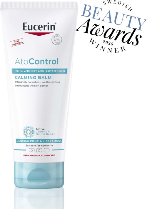Eucerin AtoControl beroligende balm til kløende, tør hud, prisvindende produkt, egnet til nyfødte, med beroligende ingredienser.