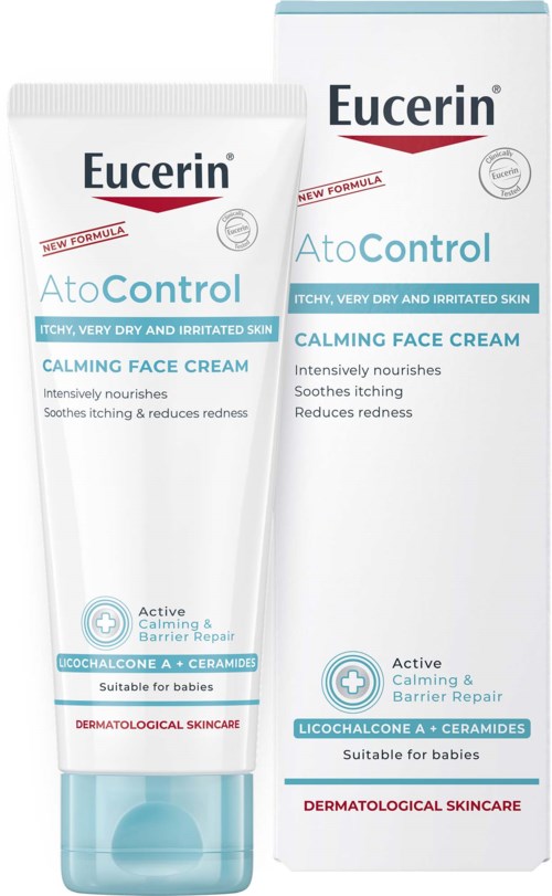 Eucerin AtoControl beruhigende Gesichtscreme für sehr trockene, irritierte Haut, geeignet für Babys, mit beruhigender und barriärreparierender Wirkung.