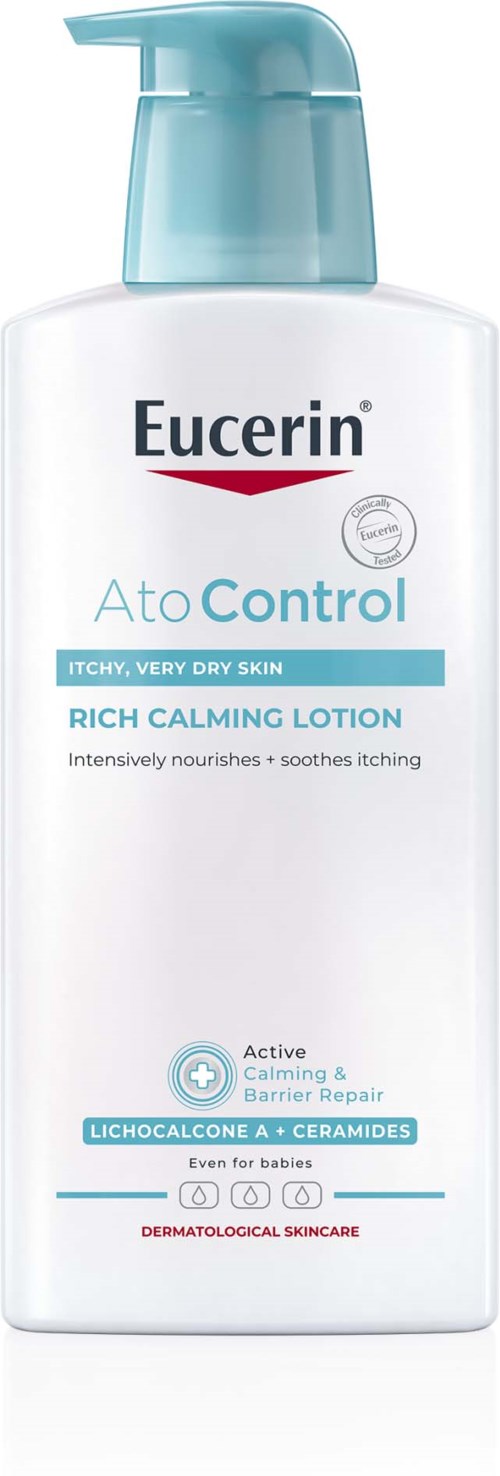 Eucerin AtoControl lotion för mycket torr och kliande hud, med lugnande och närande ingredienser, passar för spädbarn.