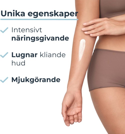 Texten lyfter fram fördelar: närande, lugnande hud, med lugnande egenskaper och milda effekter.