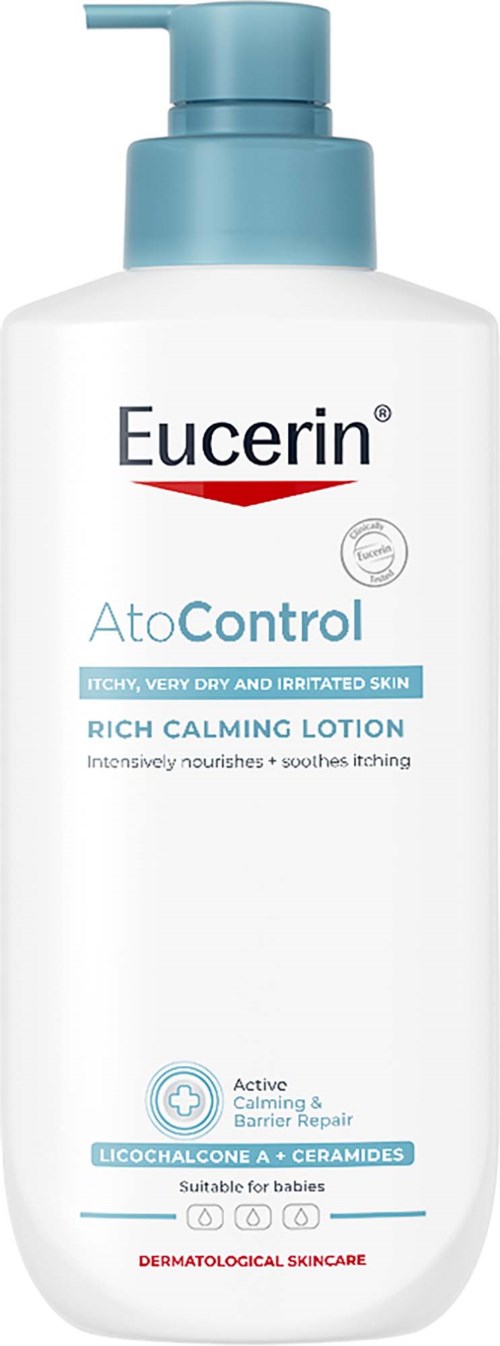 Eucerin AtoControl Rich Calming Lotion för mycket torr och irriterad hud med lugnande ingredienser och ceramider.