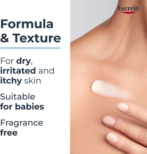 Eucerin-logga och produktbeskrivning för torr, irriterad och kliande hud, lämplig för spädbarn, doftfri, med en hand som applicerar kräm.