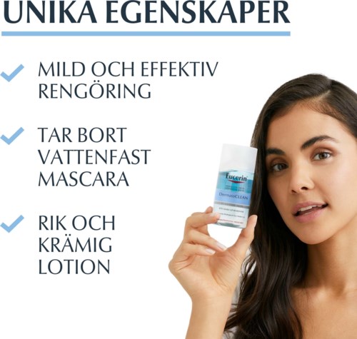 Das Bild zeigt eine Frau, die Eucerin DermatoCLEAN Produkt hält, mit Text, der Hautvorteile wie sanfte Reinigung und Feuchtigkeit auflistet.