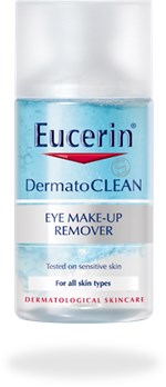 Blå flaska med Eucerin DermatoCLEAN ögonmakeupborttagning, lämplig för alla hudtyper, i enkel design.