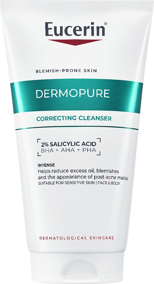 Eucerin Dermpure Rens för klar hud, tub med blå och vit design, visar ingredienser och fördelar för aknebenägen hud.