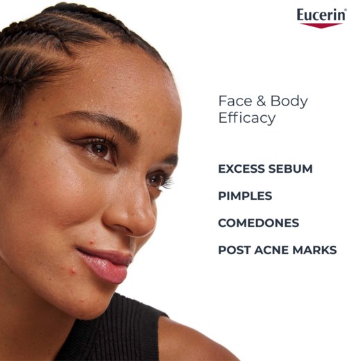 Eucerin Face & Body Efficacy-text med en modell vars ansikte visar tydlig hud och några blemmor.