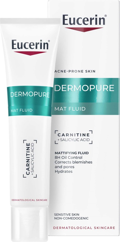 En tub av Eucerin Dermopure Mat Fluid med en box, etikett betonar aknebenägen hud, 8 timmars oljekontroll och fuktighet.