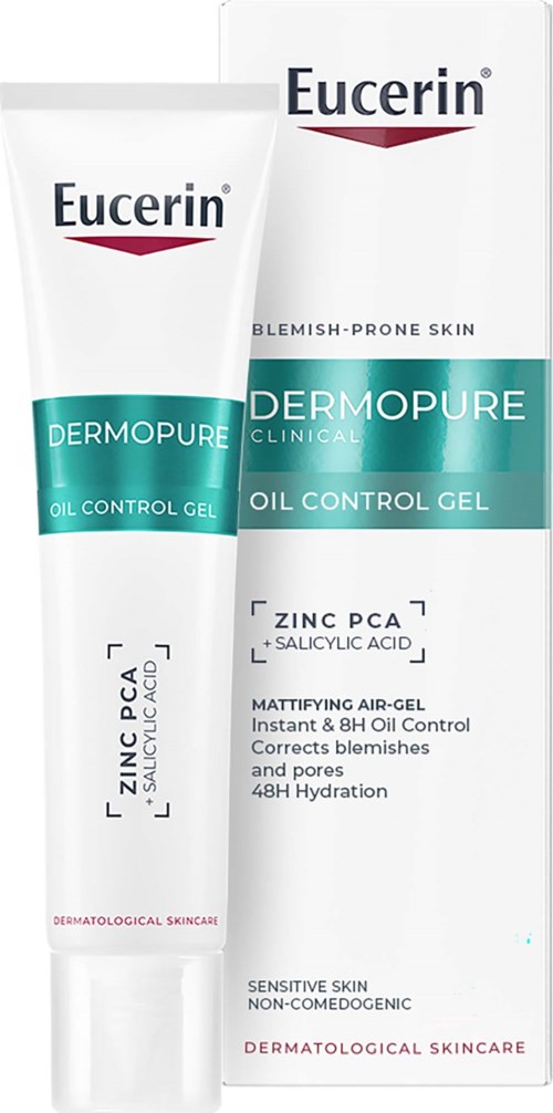 Eucerin Dermopure Oil Control Gel med zink PCA og salicylsyre til uren hud, viser produkt og æske.