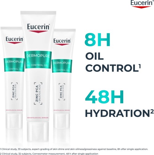 Eucerin Dermopure Oil Control gel i tre tuber med blå, hvid og sort etikette, med fokus på 8 timers olie kontrol og 48 timers hydrering.