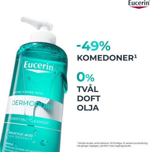 En blågrön flaska med Eucerin DermoPure rengöringstvål med pump, visar 49% rabatt och partiklar i vätskan.