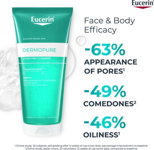 Eucerin Dermopure rengöringsgel i grönt rör, med produktnamn och fördelar bredvid.