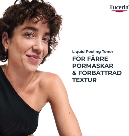 Eucerin-logo med en kvinne som viser skulderen, smilende, reklamerer for en flytende peeling toner for bedre hudtekstur.