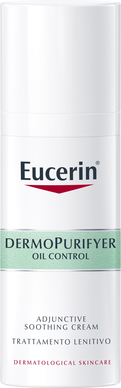En vit och grön flaska märkt Eucerin DermoPurifyer Oil Control, en tilläggs lugnande kräm för huden.