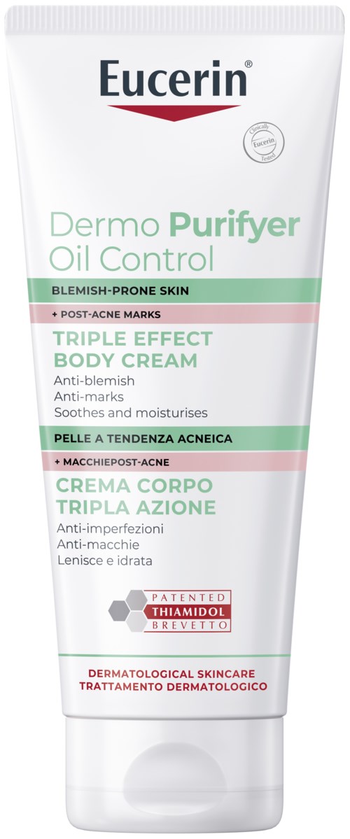 Eucerin Dermo Purifyer Oil Control Creme für unreine Haut, bekämpft Bakterien, reduziert Rötungen und spendet Feuchtigkeit.