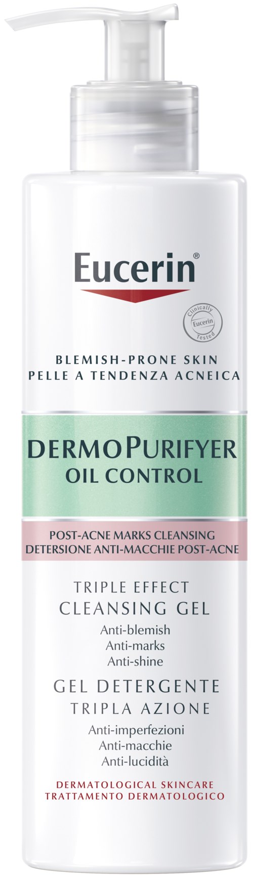 Valkoinen pullo pumpulla, Eucerin DermoPurifyer Oil Control geeli akneille.
