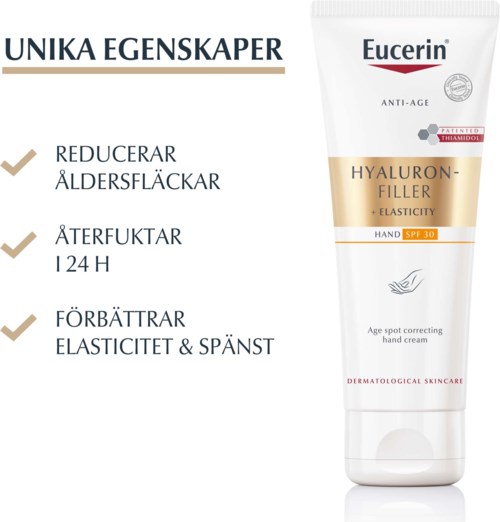 Eine Tube Eucerin Hyaluron-Filler mit SPF 30 für Anti-Aging, reduziert Altersflecken.
