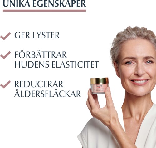 Frau lächelt und hält ein Hautpflegeglas, mit Text Hervorhebung von Hautvorteilen: Helligkeit, Elastizität und Reduzierung von Altersflecken.
