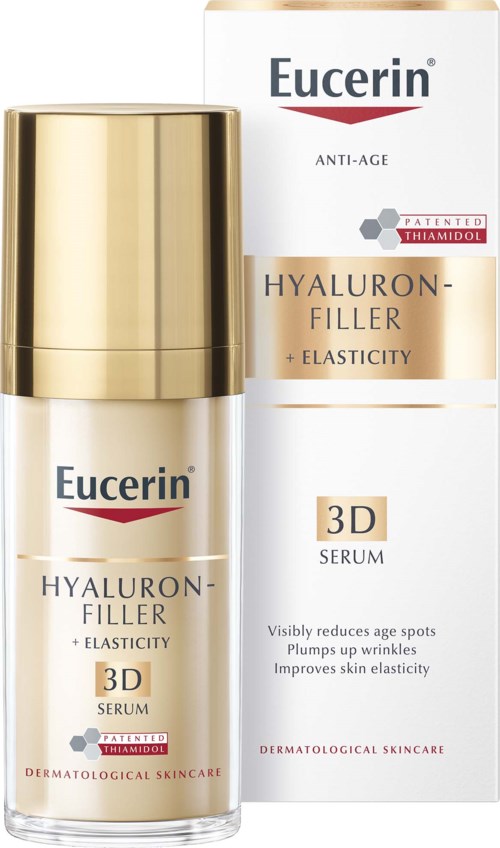 Ihonhoitopullo nimeltä Eucerin Hyaluron-Filler 3D Serum kulttikorkilla ja sen laatikko, joka sisältää tuotetiedot.