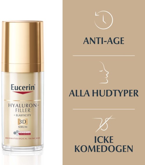 Eucerin Hyaluron-Filler seerumi lisää ihon kimmoisuutta, taistelee ikääntymistä vastaan ja kohdistuu syviin ryppyihin.