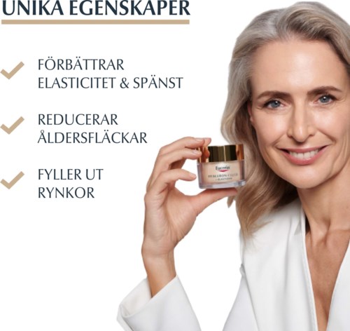 Nainen hymyilee ja pitää ihonhoitotuotetta, teksti korostaa ikääntymisen esto-, elastisuuden, ryppyjen ja läiskien vähentämisen etuja.