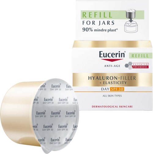 Eine Verpackung für Hautpflegeprodukt mit Eucerin-Marke, SPF 30, Tagescreme, Hyaluronsäure und Nachfüll-Etikett.