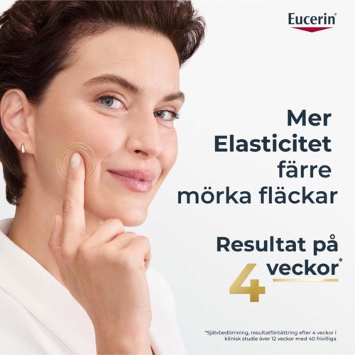 Eucerin-Logo mit deutschen Text über Hautelastizität, die sich in vier Wochen verbessert.