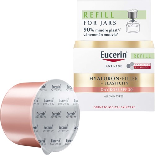 En boks med Eucerin Hyaluron-Filler + Elasticity dagcreme med SPF 30 og refill-tablets til krukker, der fremmer hudens fasthed og elasticitet.