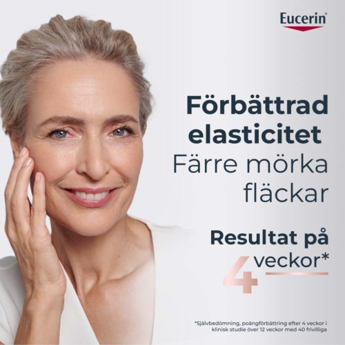 Kvindens ansigt viser friskhed og selvtillid. Annoncerer Eucerin til mørke pletter og elasticitet.