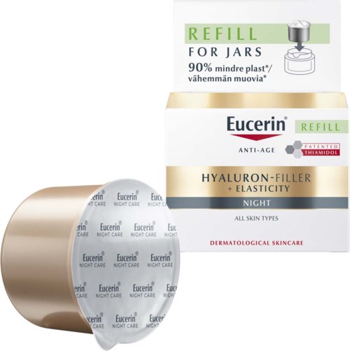Eucerin Night Care hudplejeprodukt med hyaluron-filler til anti-aldring, elasticitet og dermatologisk hudpleje, med refill-emballage.