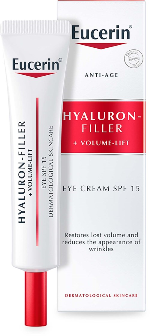 Eucerin Hyaluron-Filler øyekrem med SPF 15 og oransje kork, laget for å redusere rynker og gjenoppbygge volum.